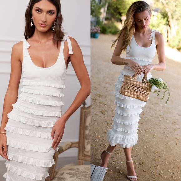 V. Chapman Lotus Tiered Ruffle Bridal Midi Dress White - Picture 1 of 5